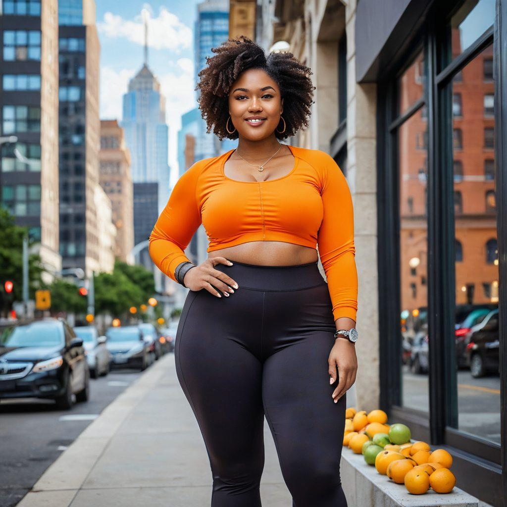 A confident curvy queen standing in a chic urban setting, adorned in stylish athleisure wear, surrounded by vibrant fruits and trendy health gadgets, showcasing a mix of fashionable elements and fitness accessories. Bright and inviting colors to reflect a positive and energetic lifestyle. super-realistic. vibrant colors. urban background.