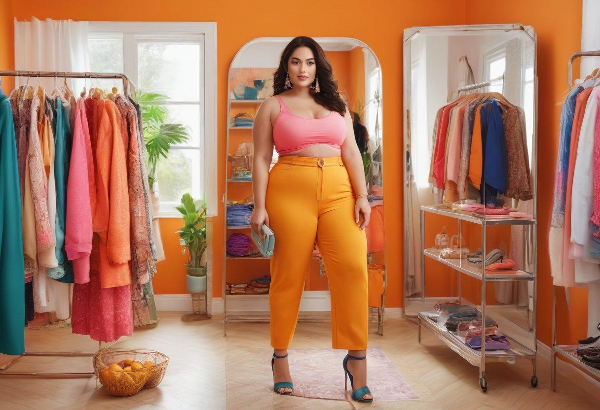 A confident, curvy woman standing in a stylish boutique, showcasing trendy outfits that accentuate her hips. Surround her with vibrant fashion elements like colorful clothes on hangers and accessories, while she poses in front of a full-length mirror. Include subtle details of health-conscious items like fruits and a water bottle in the background. Emphasize an empowering vibe through bright lighting and warm colors. super-realistic. vibrant colors. fashion illustration.