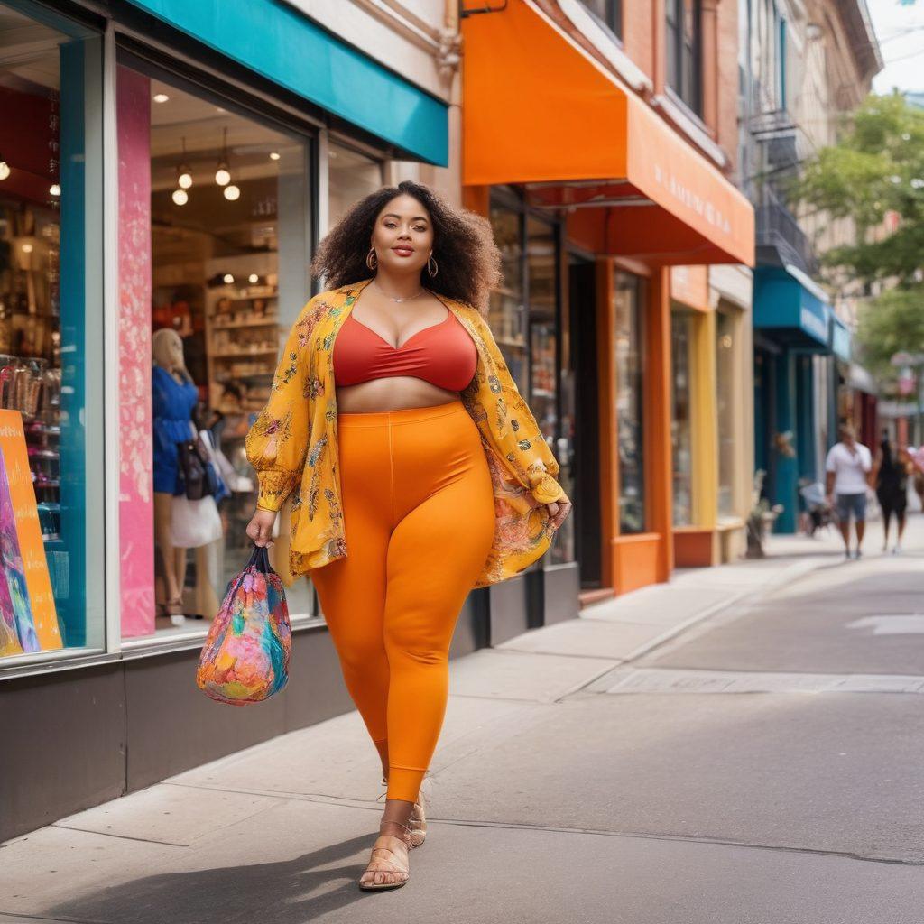 A confident, curvy woman confidently strutting down a busy city street, showcasing vibrant fashion trends that celebrate big hips. The backdrop features colorful storefronts with fashion posters, and passersby admiring her style. Incorporate elements that symbolize wellness, like a reusable water bottle and a yoga mat peeking from her stylish bag. Use a warm color palette to convey a positive, uplifting atmosphere. super-realistic. vibrant colors. urban setting.